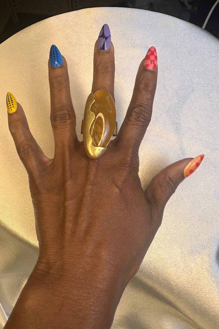 Oversized Bold Pointed Long Stone Accent Stretch Ring - Topaz Gold Marble