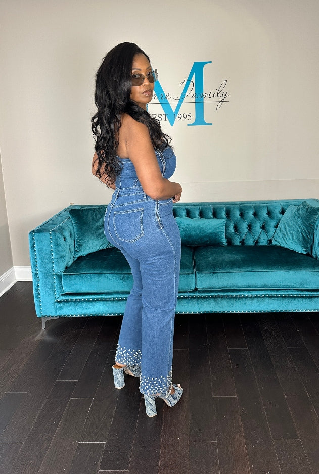 NEW Strapless Denim Rhinestone Cuffed Romper