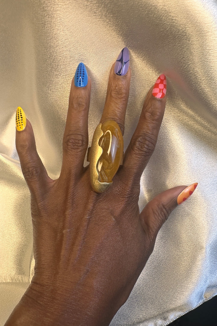 Oversized Bold Pointed Long Stone Accent Stretch Ring - Topaz Gold Marble