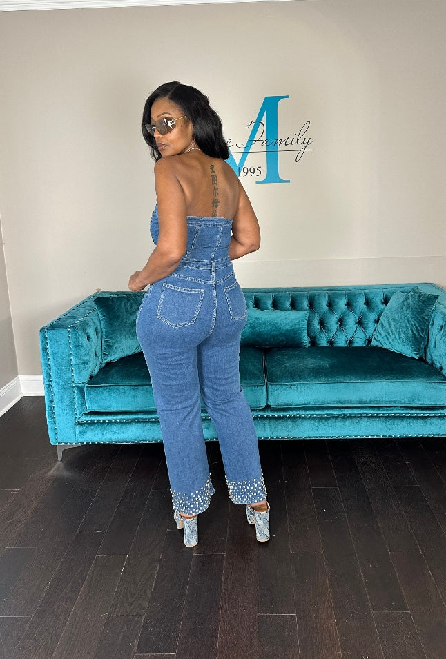 NEW Strapless Denim Rhinestone Cuffed Romper