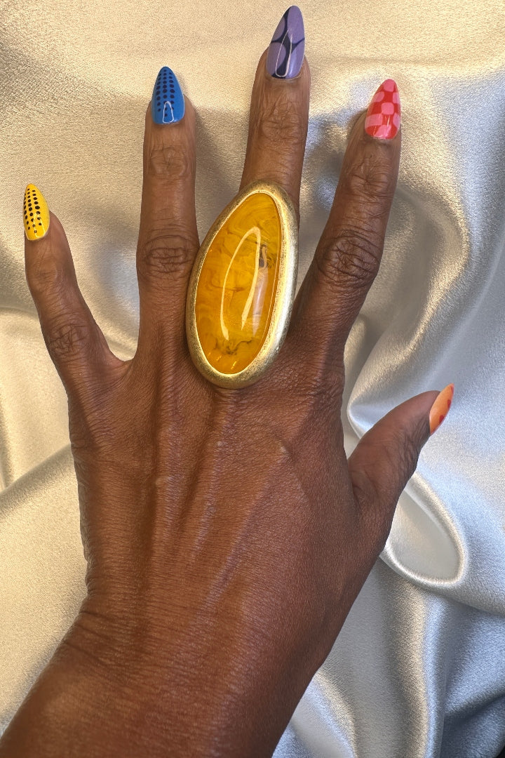 Oversized Bold Oval Long Stone Accent Stretch Ring - Topaz