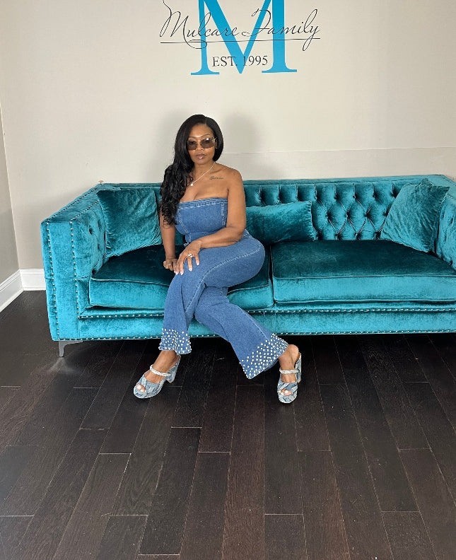 NEW Strapless Denim Rhinestone Cuffed Romper