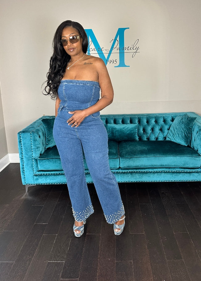 NEW Strapless Denim Rhinestone Cuffed Romper