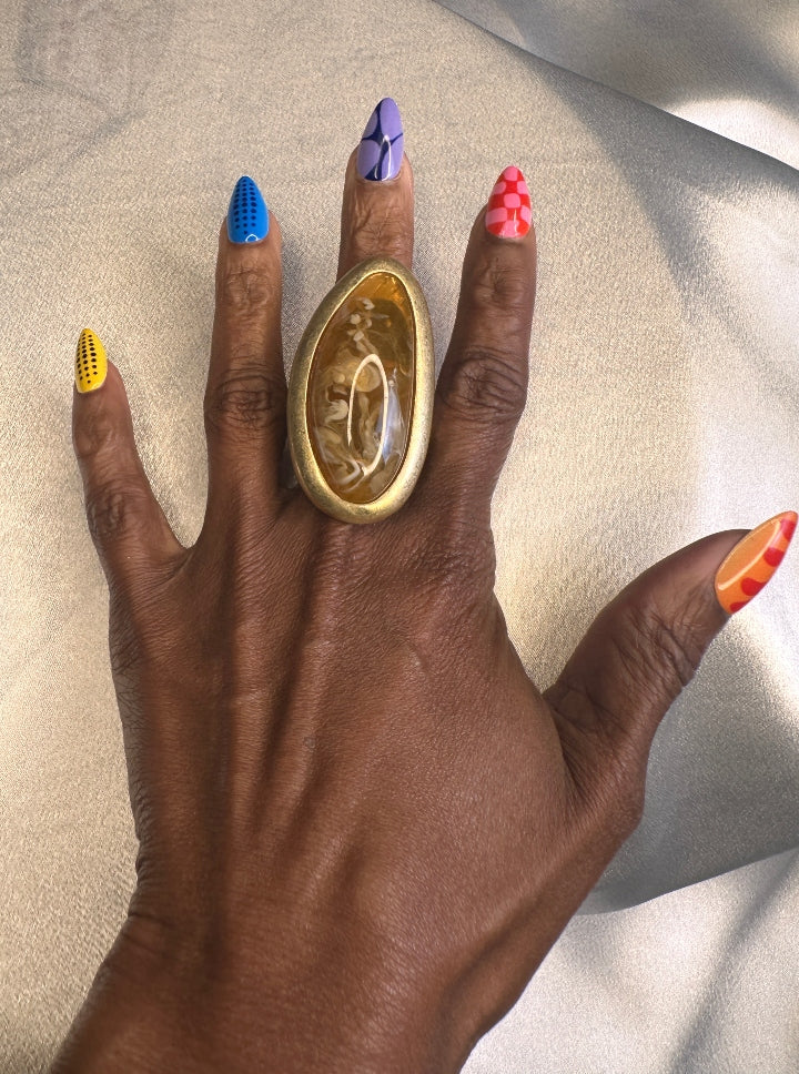 Oversized Bold Oval Long Stone Accent Stretch Ring - Topaz and Cream Swirl