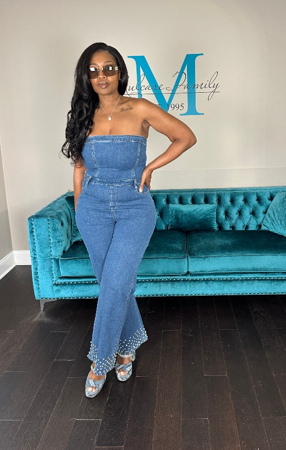 NEW Strapless Denim Rhinestone Cuffed Romper