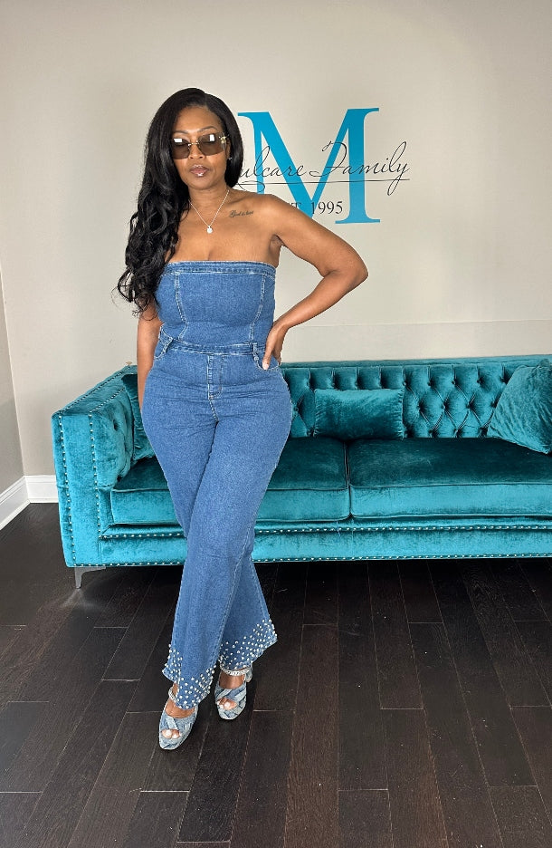 NEW Strapless Denim Rhinestone Cuffed Romper