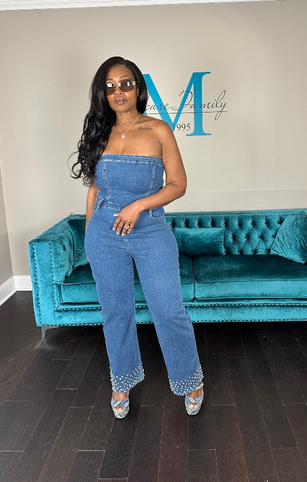 NEW Strapless Denim Rhinestone Cuffed Romper