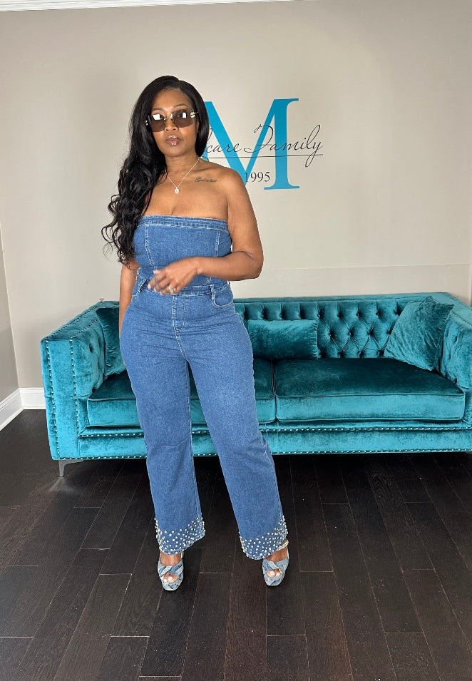 NEW Strapless Denim Rhinestone Cuffed Romper