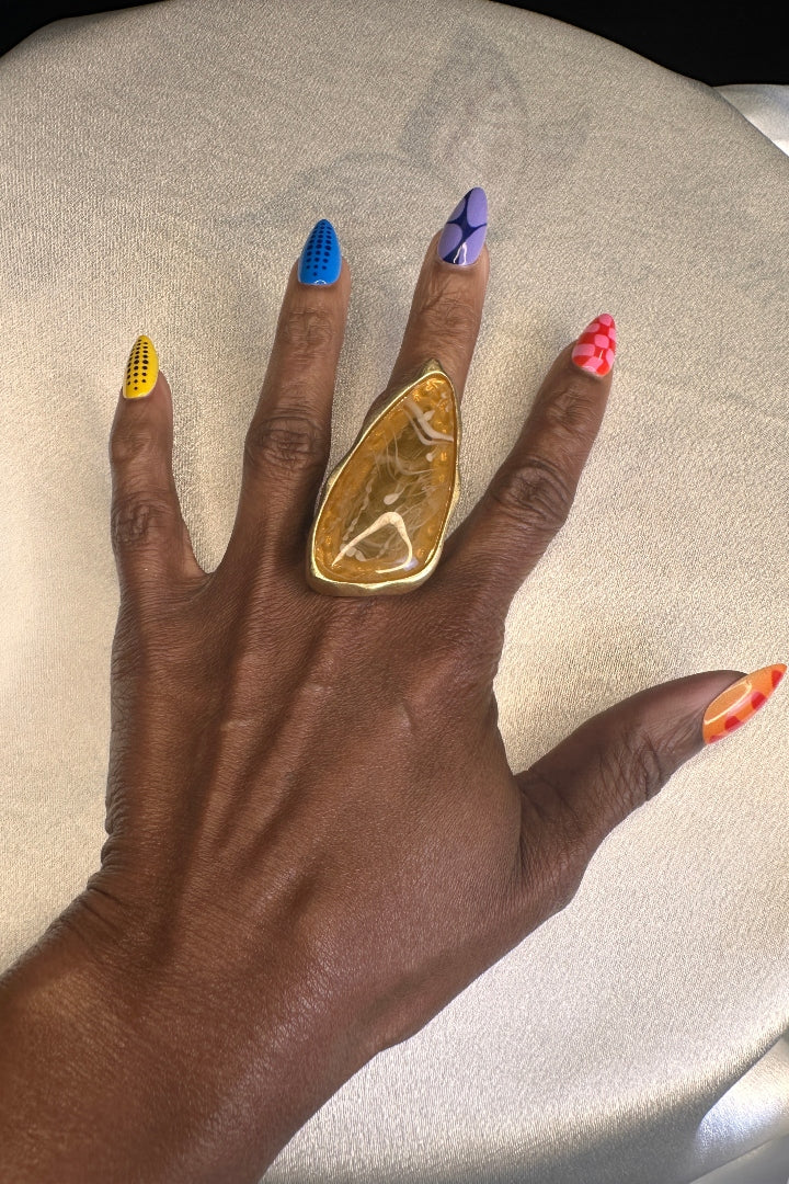 Oversized Bold Pointed Long Stone Accent Stretch Ring - Topaz and Cream Swirl