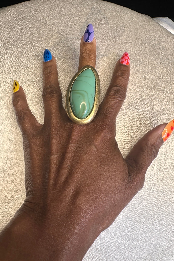 Oversized Bold Oval Stone Accent Stretch Ring - Turquoise