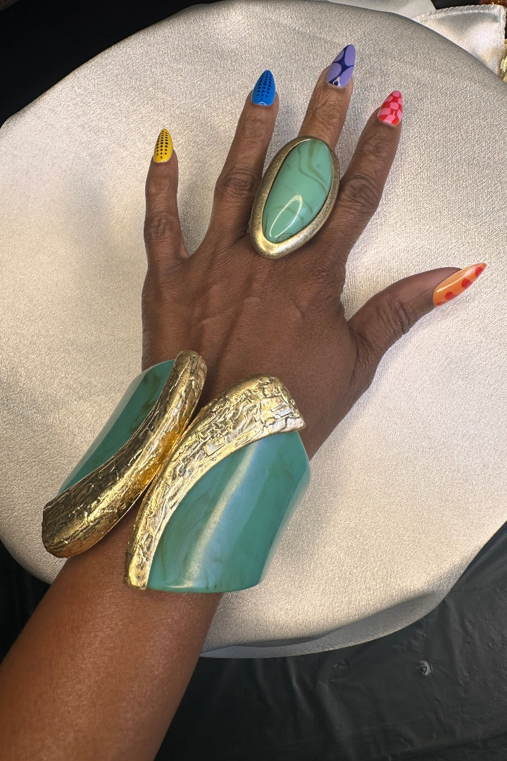 Wide Bold Sculpted Hinged Bangle Bracelet - Turquoise