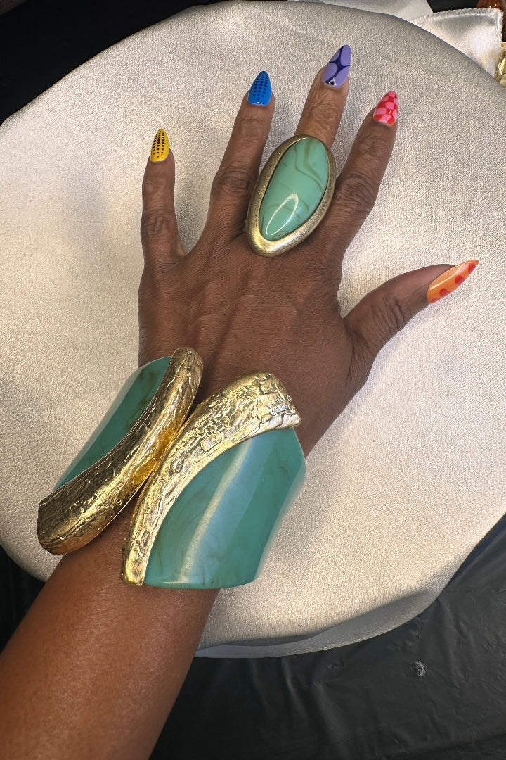 Wide Bold Sculpted Hinged Bangle Bracelet - Turquoise