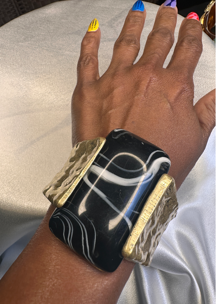 Wide Bold Sculpted Hinged Bangle Bracelet -  Black Square