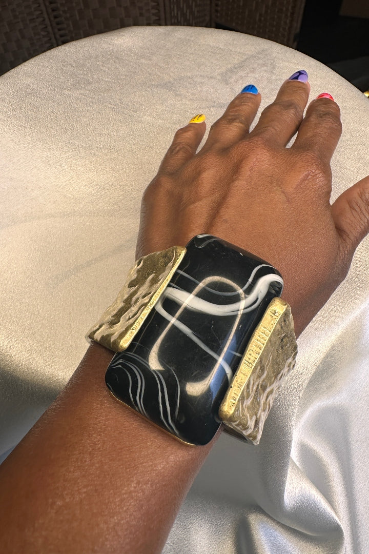 Wide Bold Sculpted Hinged Bangle Bracelet -  Black Square