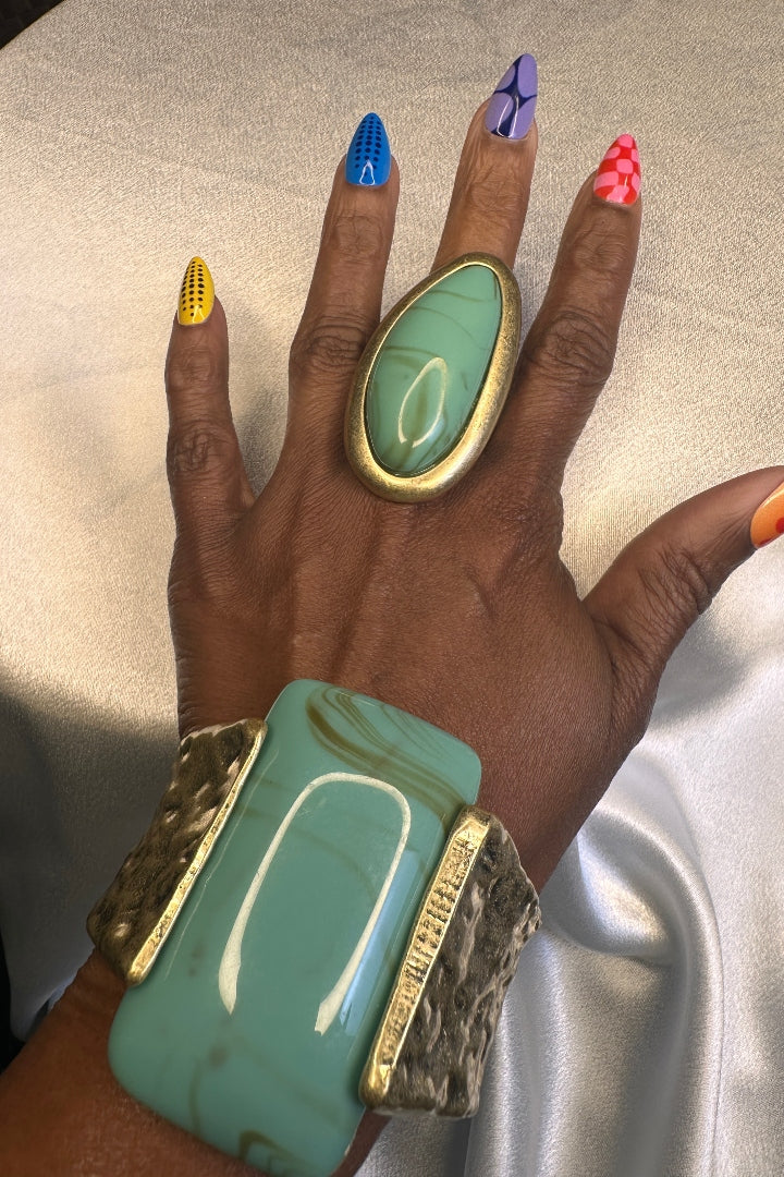 Wide Bold Sculpted Hinged Bangle Square Bracelet - Turquoise