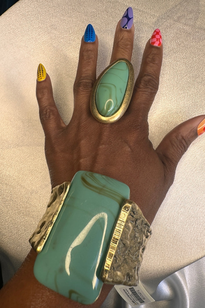 Wide Bold Sculpted Hinged Bangle Square Bracelet - Turquoise