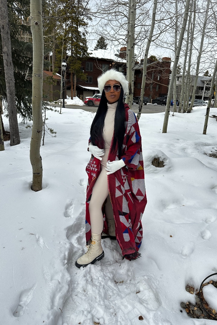 Denver Hooded Winter Open Front Poncho - Burgundy Grey Blue Blend