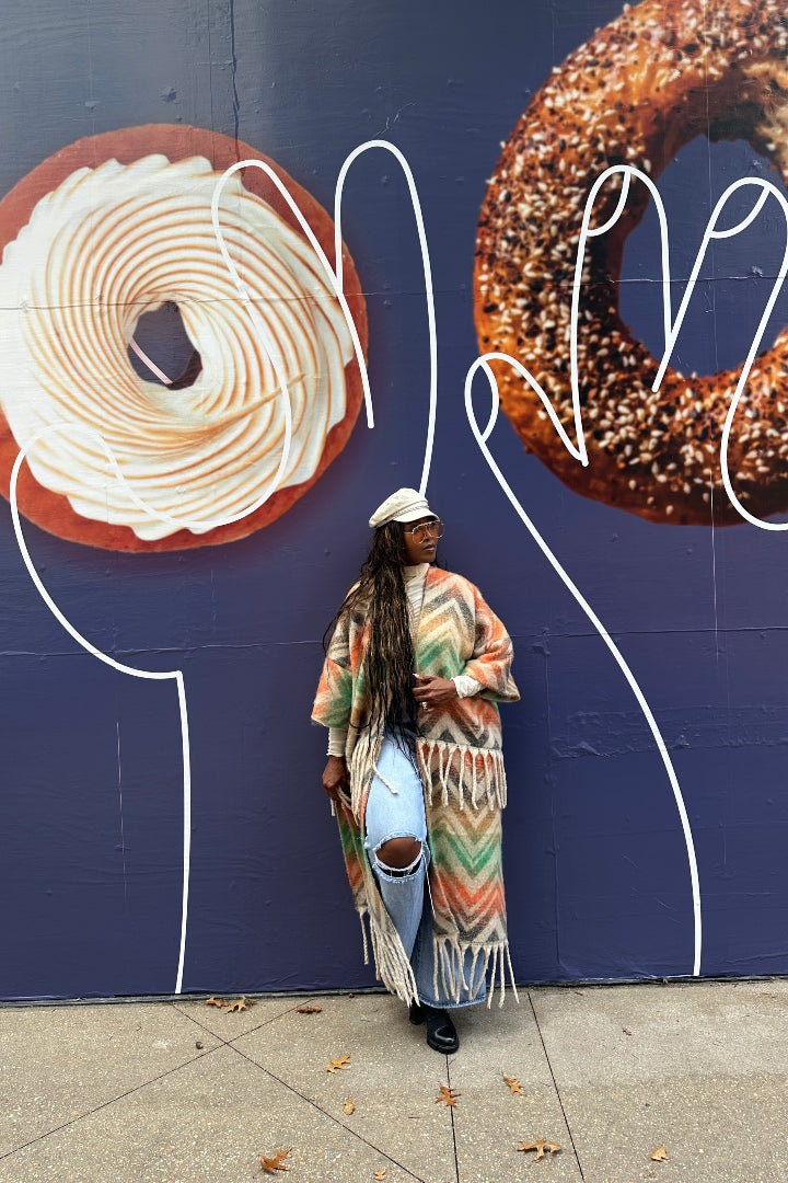 Winter Chevron Stripe Split Kimono Coat-Green Orange Tan Blend Ships 12/5