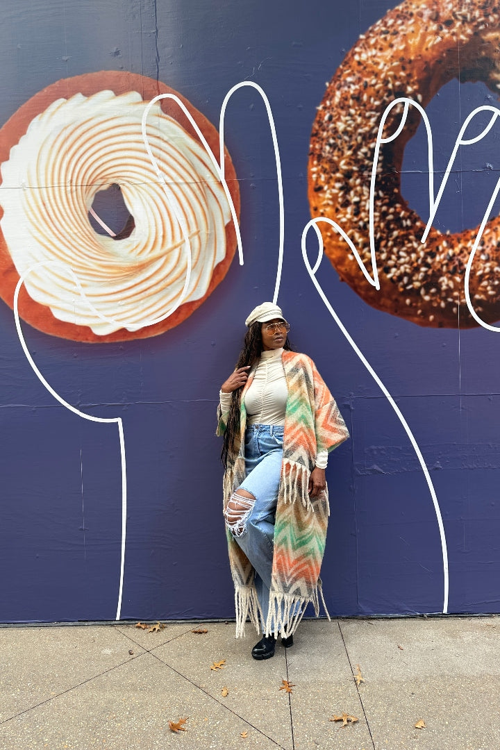 Winter Chevron Stripe Split Kimono Coat-Green Orange Tan Blend Ships 12/5