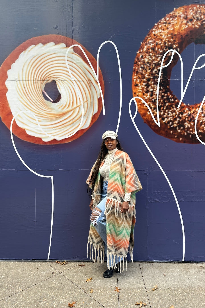 Winter Chevron Stripe Split Kimono Coat-Green Orange Tan Blend Ships 12/5