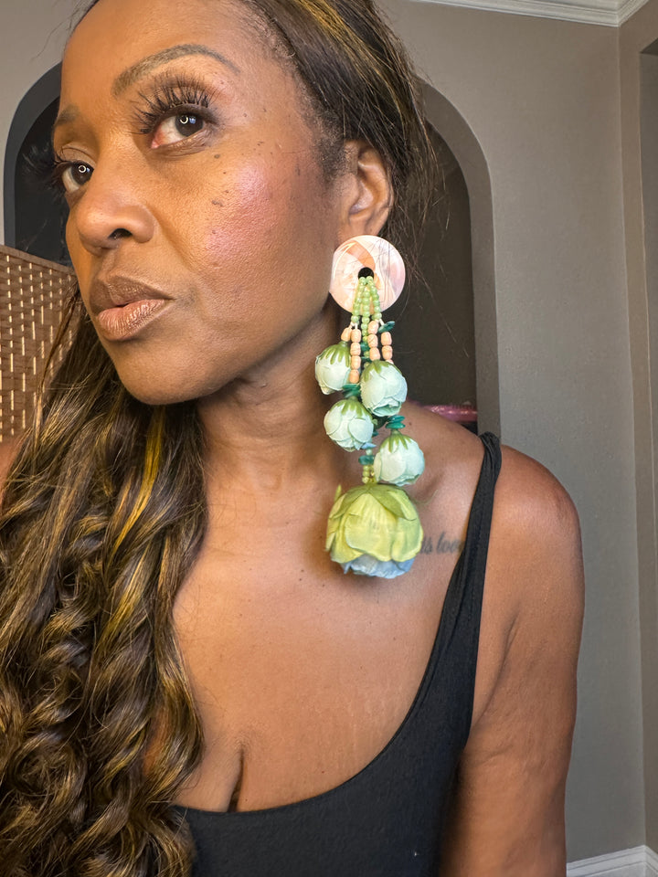 Oversized Bold Floral Resin Drop Statement Earrings - Mint Blue