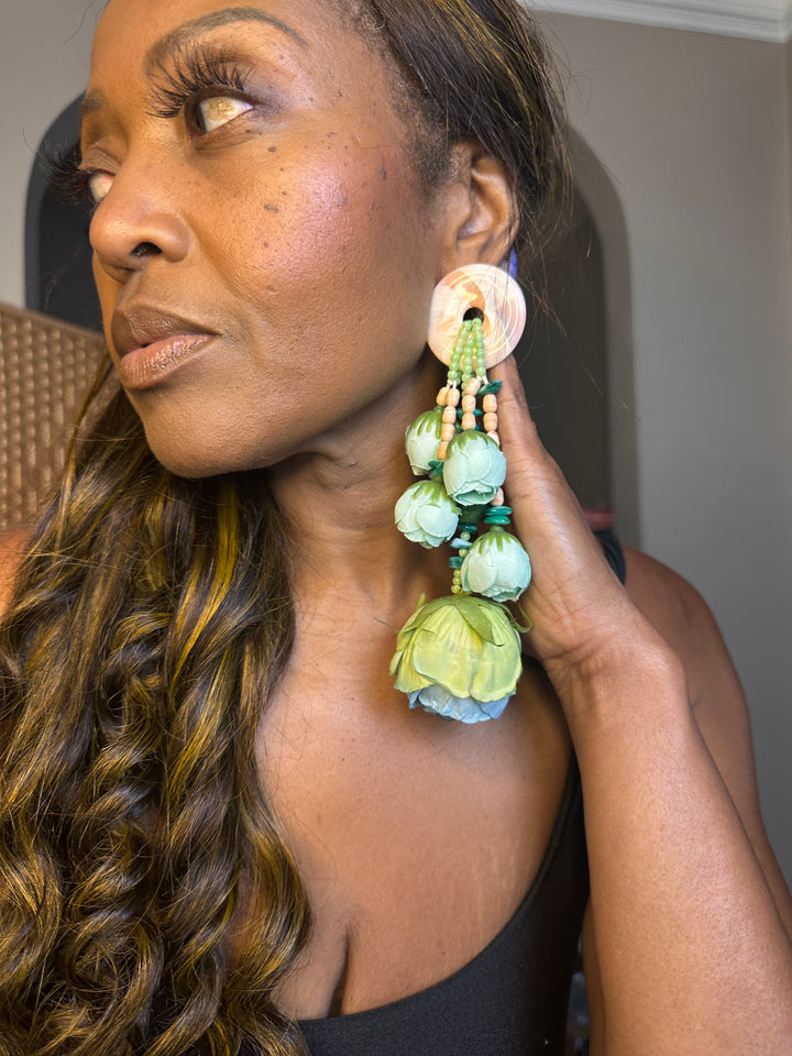 Oversized Bold Floral Resin Drop Statement Earrings - Mint Blue