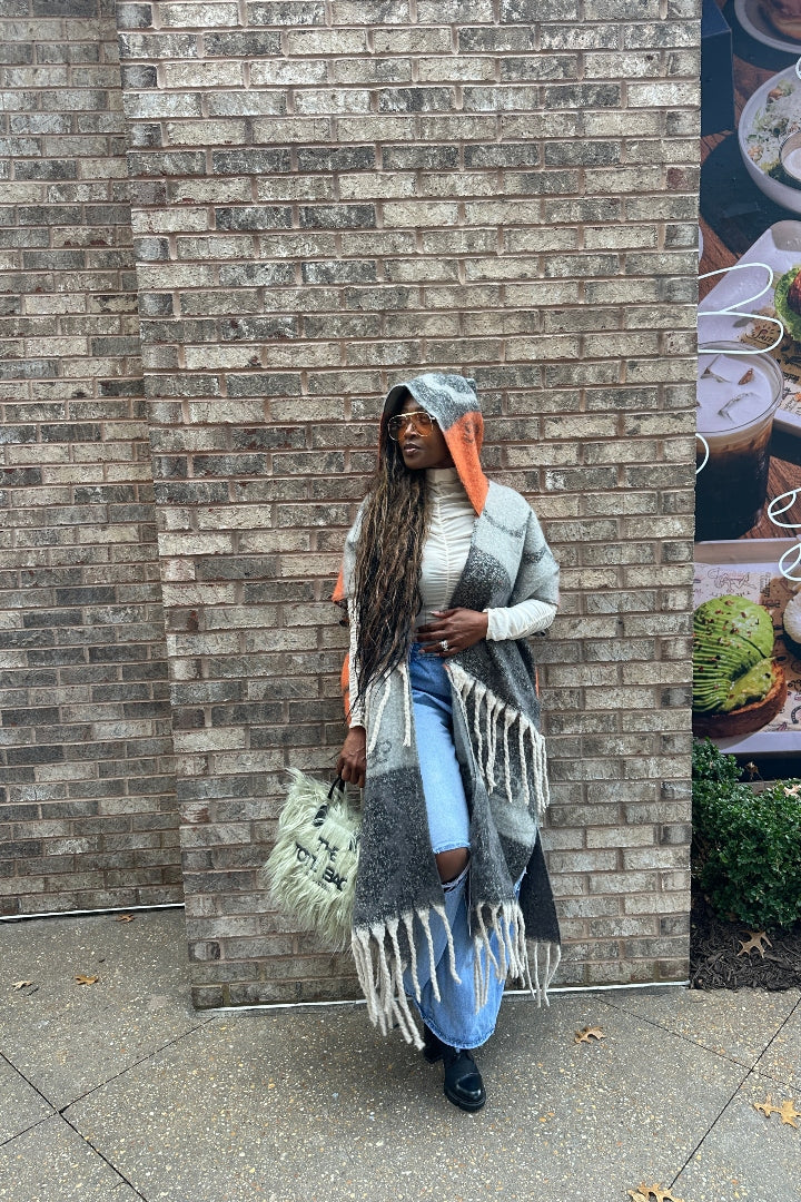 Hooded Winter Open Front Poncho - Grey Orange Black Blend Ships 12/5