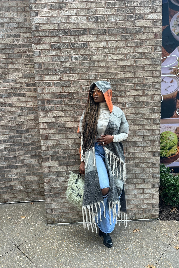 Hooded Winter Open Front Poncho - Grey Orange Black Blend Ships 12/5