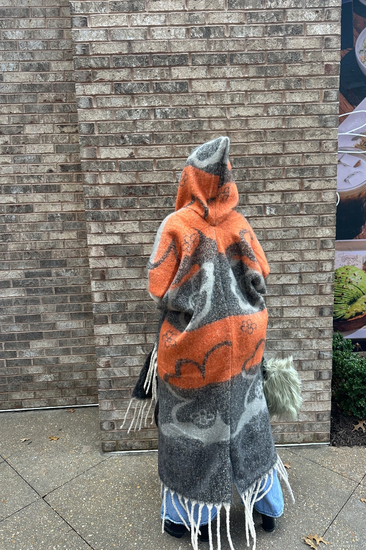 Hooded Winter Open Front Poncho - Grey Orange Black Blend Ships 12/5