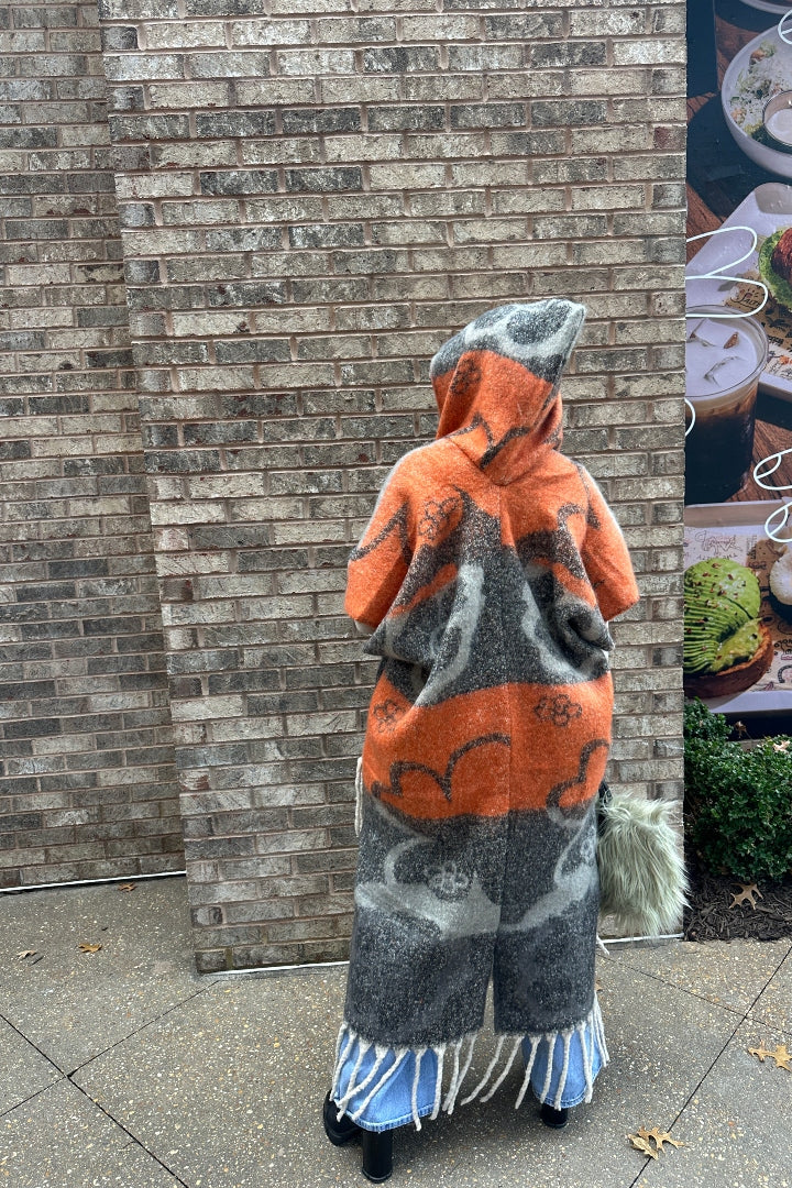 Hooded Winter Open Front Poncho - Grey Orange Black Blend Ships 12/5