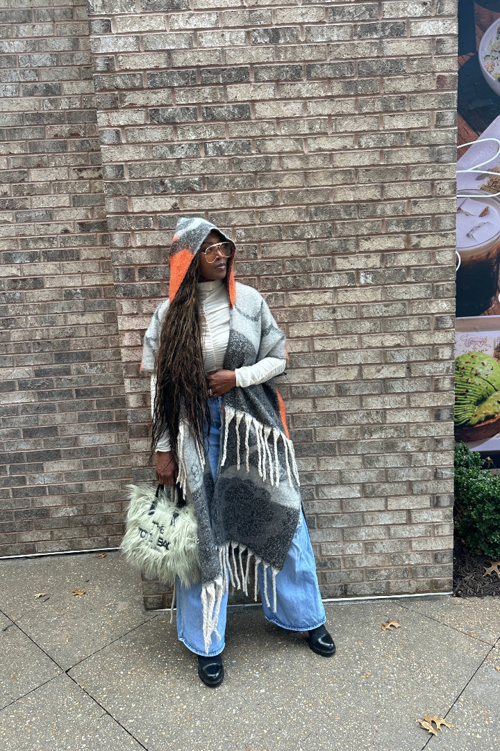 Hooded Winter Open Front Poncho - Grey Orange Black Blend Ships 12/5