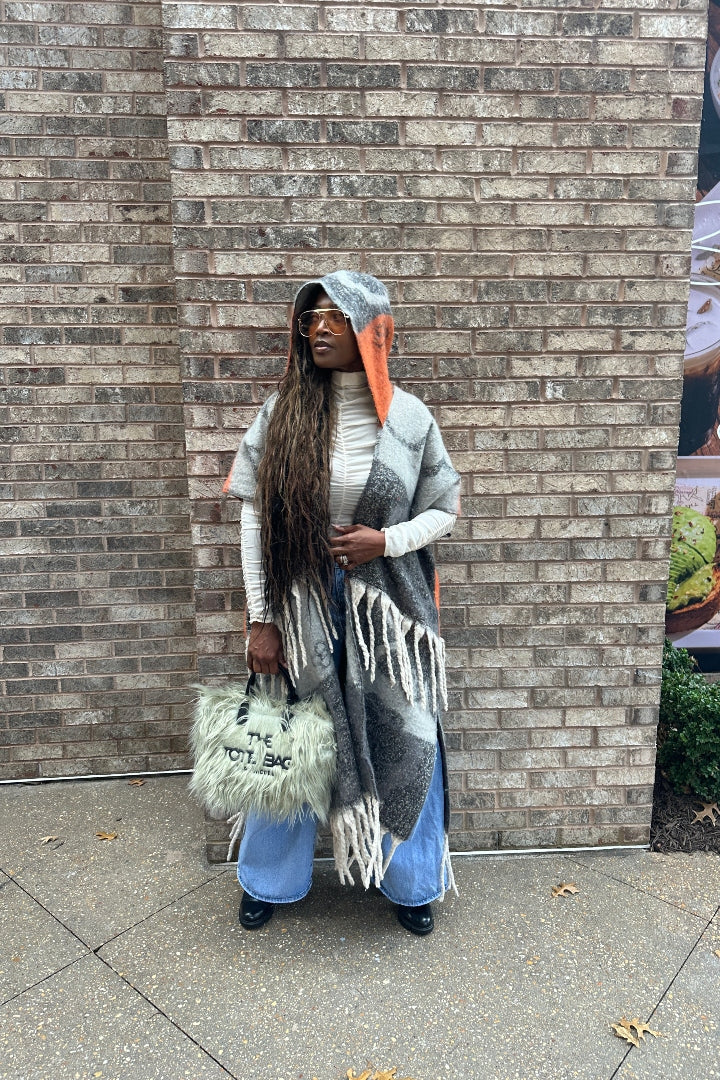 Hooded Winter Open Front Poncho - Grey Orange Black Blend Ships 12/5