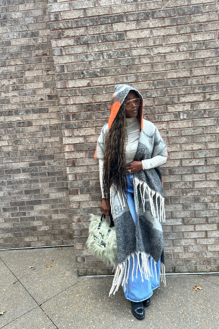 Hooded Winter Open Front Poncho - Grey Orange Black Blend Ships 12/5