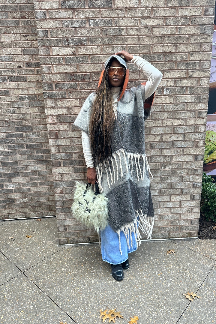 Hooded Winter Open Front Poncho - Grey Orange Black Blend Ships 12/5