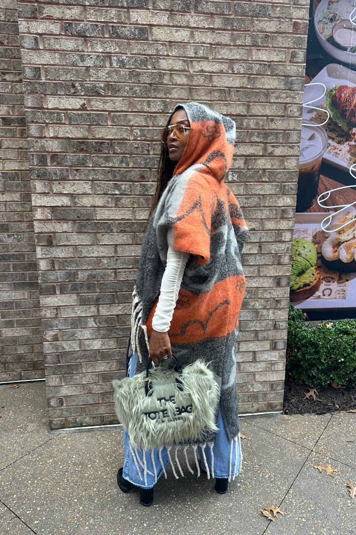 Hooded Winter Open Front Poncho - Grey Orange Black Blend Ships 12/5