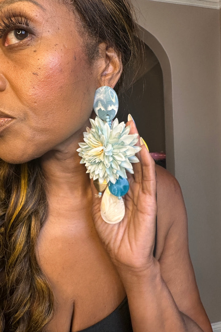 Oversized Bold Floral Resin Drop Statement Earrings - Mint Blue