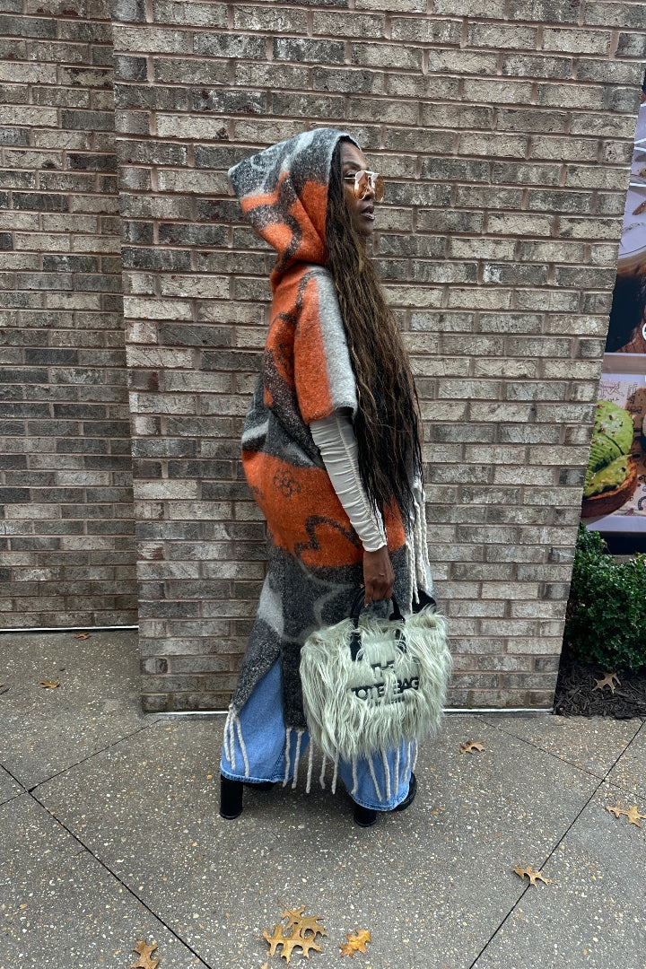 Hooded Winter Open Front Poncho - Grey Orange Black Blend Ships 12/5