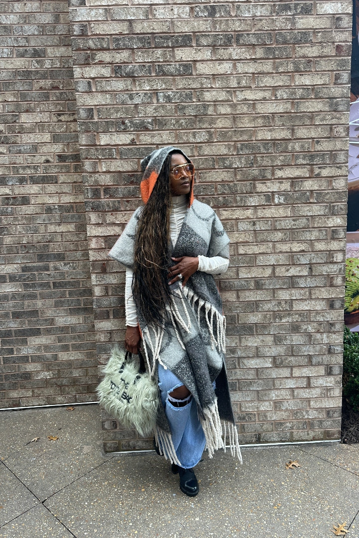 Hooded Winter Open Front Poncho - Grey Orange Black Blend Ships 12/5