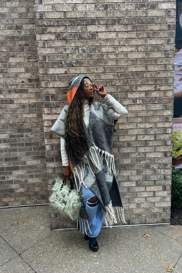 Hooded Winter Open Front Poncho - Grey Orange Black Blend Ships 12/5