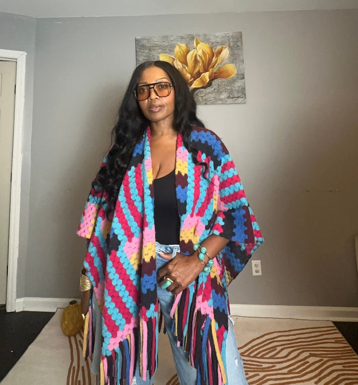 Rio Woven Poncho Kimono Coat -  Black Fuchsia Turquoise Blend