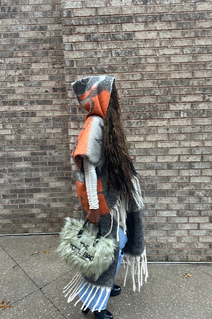 Hooded Winter Open Front Poncho - Grey Orange Black Blend Ships 12/5