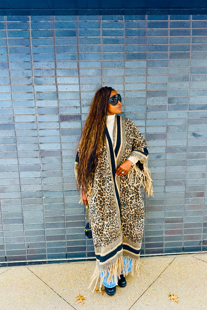 Rich Auntie Winter Fashion Tan Leopard Fringe Kimono Coat - Tan and Black Blend Ships 12/5