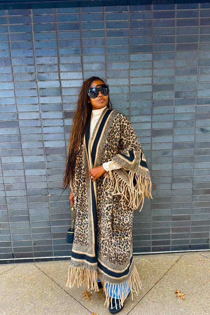 Rich Auntie Winter Fashion Tan Leopard Fringe Kimono Coat - Tan and Black Blend Ships 12/5