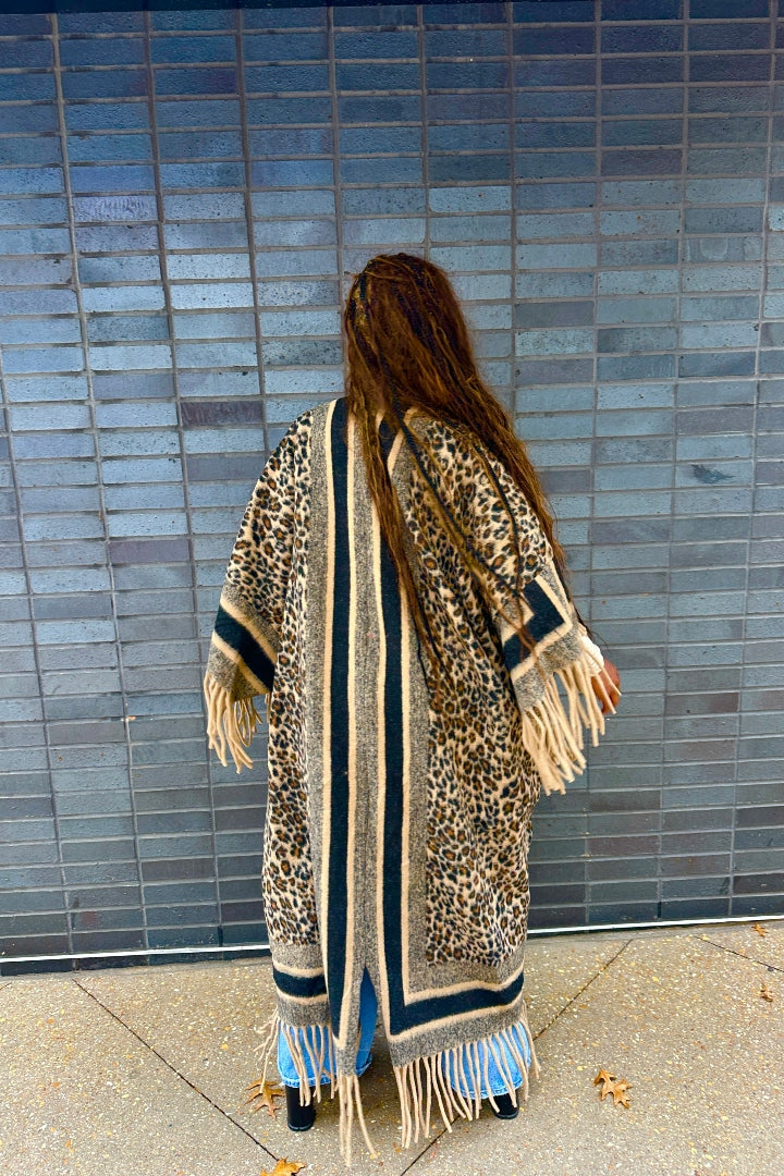 Rich Auntie Winter Fashion Tan Leopard Fringe Kimono Coat - Tan and Black Blend Ships 12/5