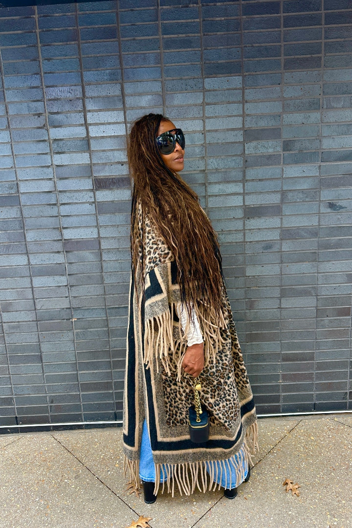 Rich Auntie Winter Fashion Tan Leopard Fringe Kimono Coat - Tan and Black Blend Ships 12/5