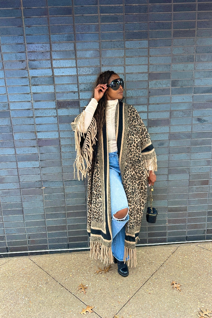 Rich Auntie Winter Fashion Tan Leopard Fringe Kimono Coat - Tan and Black Blend Ships 12/5