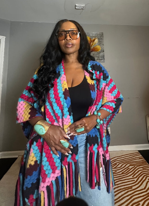 Rio Woven Poncho Kimono Coat -  Black Fuchsia Turquoise Blend