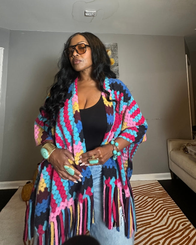 Rio Woven Poncho Kimono Coat -  Black Fuchsia Turquoise Blend