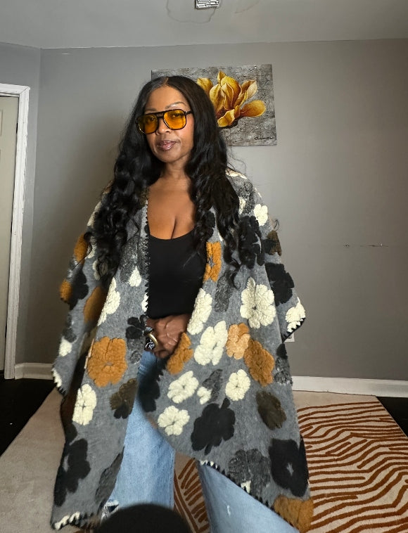 Denver 3D Poncho Kimono Coat -  Grey Black Cream Mustard Blend