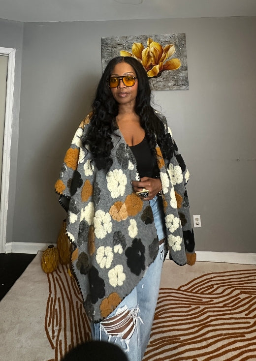Denver 3D Poncho Kimono Coat -  Grey Black Cream Mustard Blend